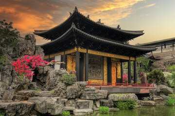 Fototapeta premium Guangzhou city, Guangdong, China. Liwan district, Xiguan Antique town. Cantonese Opera Art Museum conserves cultural heritage, arts and crafts, and performance between Opera and Lingnan garden.