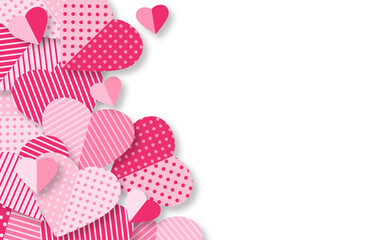 Greeting card with hearts and copy space. The paper is cut. Heart shaped love symbols for happy women, for sales and discounts. Valentines Day greeting poster design.