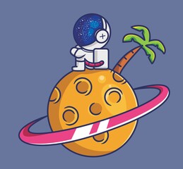 cute astronaut sitting on planet palm coconut tree. cartoon travel holiday vacation summer concept Isolated illustration.