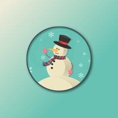  Cute snowman icon inside a circle with winter season background. Pastel colour style winter vector illustration with cartoon character on ice suitable for winter greeting, card, poster and banner