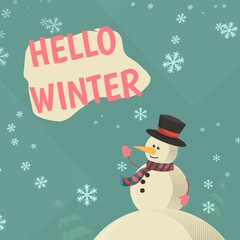Winter season greeting card with cute snowman. Pastel colour style winter vector illustration with cartoon character on ice suitable for winter greeting, card, poster and banner