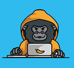 Naklejka premium Cute baby young gorilla hacker animal crime anonymous ape black monkey holding a tree branch. Animal Isolated Cartoon Flat Style Icon illustration Premium Vector Logo Sticker Mascot