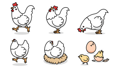 Cartoon drawing of white chicken family, rooster, female rooster and chicks, super cute.