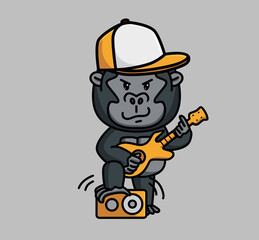 cute animal playing a music guitarist cartoon.Animal Isolated Flat Style Sticker Web Design Icon illustration Premium Vector Logo mascot character