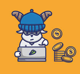 cartoon goat hacker working on laptop computer to earn money by freelance. Isolated animal Flat Style Sticker Web Design Icon illustration Premium Vector Logo mascot character