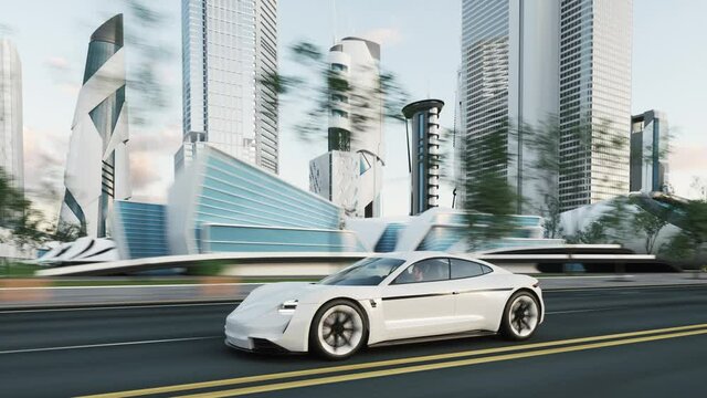 Car drives through the futuristic city. Futuristic car driving in the modern city. 3d visualization