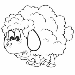 sketch, cute surprised sheep character, coloring book, isolated object on white background, cartoon illustration, vector,