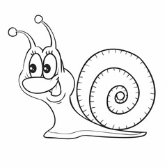 sketch, cute snail character, coloring book, isolated object on white background, cartoon illustration, vector,