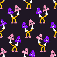 Vector seamless pattern with funny cartoon mushrooms characters. Psychedelic comic amanita face with crazy smile. Colorful retro toadstool background for print, fabric, wrapping paper