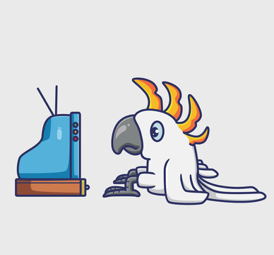cute parrot watching a tv. Animal cartoon Isolated Flat Style Sticker Web Design Icon illustration Premium Vector Logo mascot character