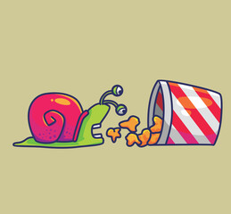 cute snail eating a popcorn. Animal cartoon Isolated Flat Style Sticker Web Design Icon illustration Premium Vector Logo mascot character © nawazwazwaz