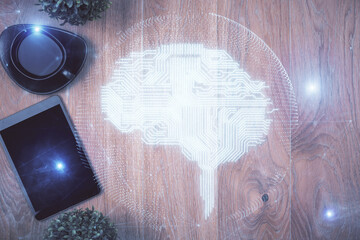 Multi exposure of brain drawing over work table desktop. Top view. Global data analysis concept.