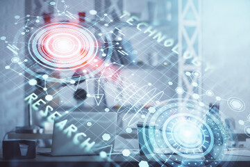 Double exposure of data theme drawing and office interior background. Concept of technology.