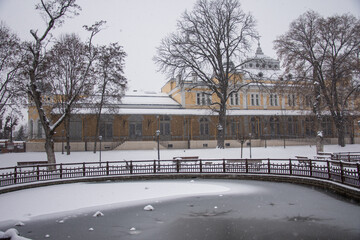 Fototapeta na wymiar Frozen lake in the city park in December 2021, Bistrita, Romania 