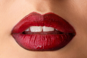 Beautiful young woman with red lips, closeup