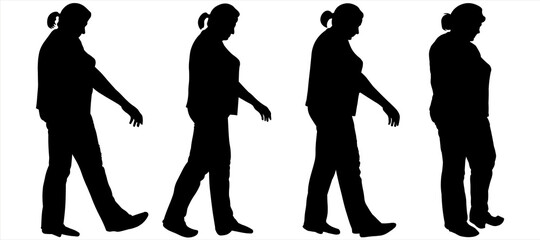 Storyboard of a walking woman. Women in pants, trousers and a T-shirt, blouse. Four black female silhouettes isolated on white background. Side view. A series of steps for animation. Step by step.
