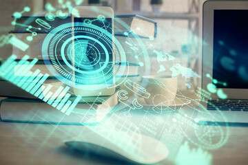 Double exposure of financial theme drawing and cell phone background. Concept of business
