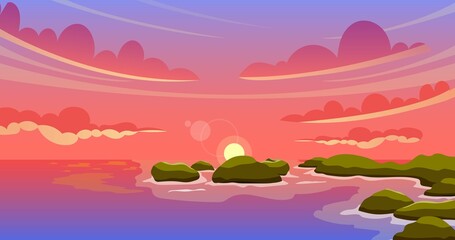 Fototapeta na wymiar Beautiful sunset on a beautiful beach landscape illustration