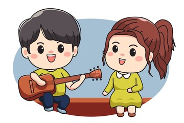 Character design happy cute couple singing along with guitar