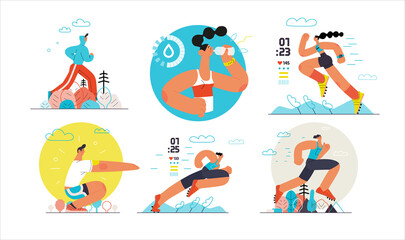 Fototapeta Runners - a set of illustrations of running and exercising outside people obraz