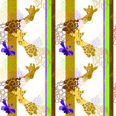 hand-drawn giraffe, flowers, leaves, digital paper,
wrapping paper, seamless texture, purple, green
