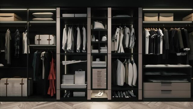 Wardrobes with clothes. Dressing room with things. Different clothes in wardrobe closet. 3d visualization