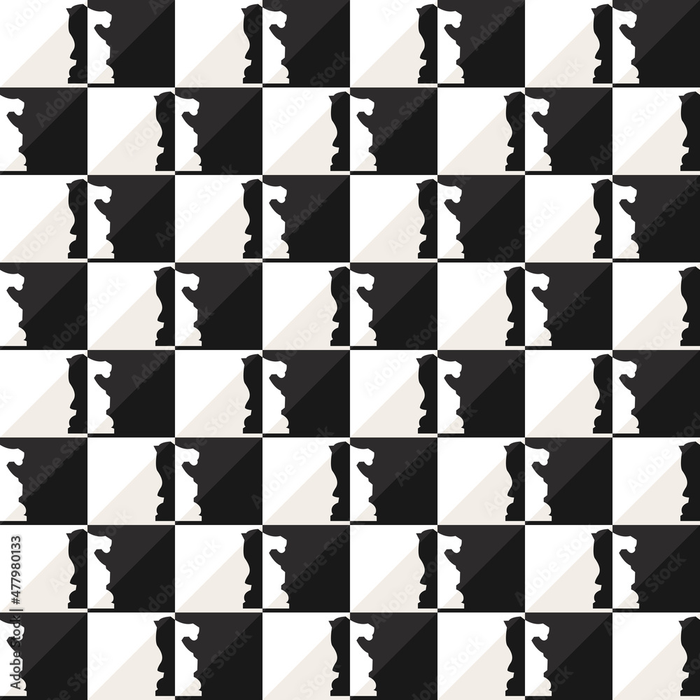 Aufkleber Black-and-white chessboard with a figure of a knight between cells of the opposite color. Vector texture pattern from chess cages with horses.