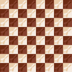 A brown chessboard with diagonal pawns on each square. Vector checkers decor.