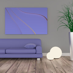 Puristic modern room with a purple sofa, 3d render, color of the year 2022 concept