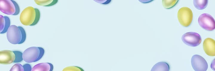 3d render of pastel colored Easter eggs frame banner on a blue background