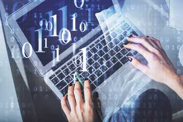Double exposure of woman hands working on computer and data theme hologram drawing. Top View. Technology concept.