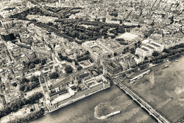 London. Helicopter view of Westminster Palace and Bridge on a beautiful summer day - obrazy, fototapety, plakaty