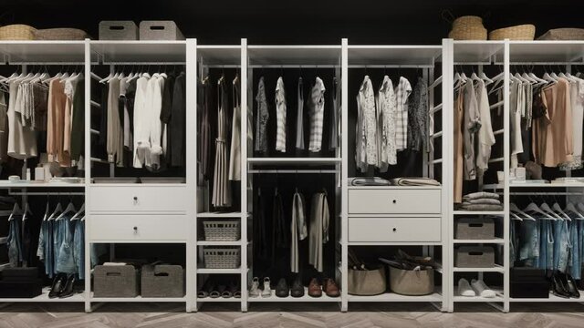 Modern wardrobe. On the hangers are a lot of clothes of various colors. Modern woman clothing. Large wardrobe with different clothes. Loopable seamless 3d animation