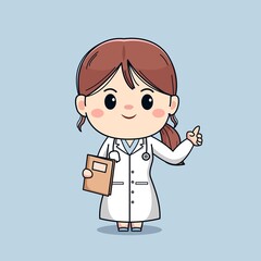 Illustration of beautiful female doctor with book and pointing finger cute kawaii chibi vector character deisgn