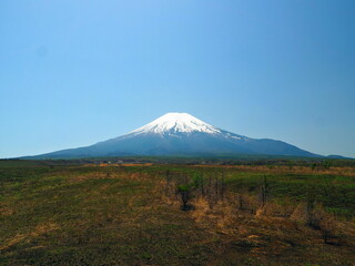 Fototapeta premium 青空と登山道が浮かぶ冠雪した富士山