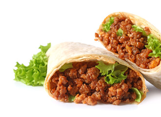 Tasty cut burrito on white background, closeup