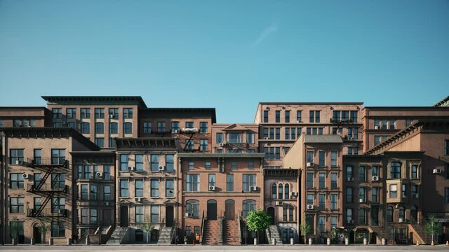 Panoramic view of american district. Retro american district. City panorama, loopable animation. Facades of city buildings. 3d animation