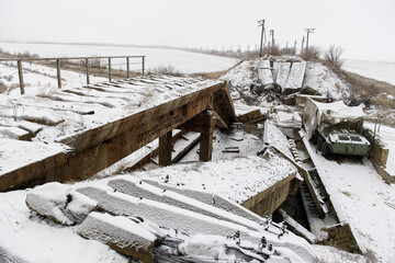 Destroyed railway tracks, military conflict, eastern Ukraine