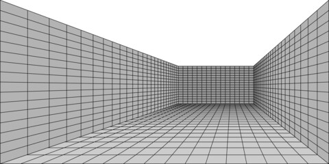 3D Room perspective view,  grid lines wireframe. Virtual reality or game background, hallway, corridor or tunnel. walls and floor tiled simple pattern. Vector illustration