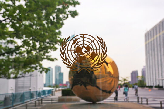 Close up image of United Nations logo. United Nations Headquarter Building. New, York, NY, USA - September, 2015