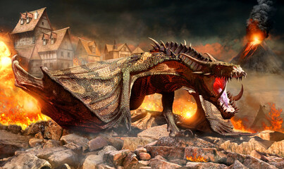 Fire dragon attacking a village 3D illustration - obrazy, fototapety, plakaty