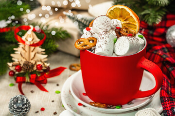Hot cocoa or chocolate with marshmallows. Christmas traditional decor, New Year festive arrangement