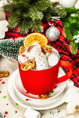 Hot cocoa or chocolate with marshmallows. Christmas traditional decor, New Year festive arrangement