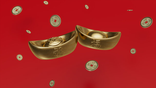 Chinese Ingots surrounded by gold coins. Chinese New Year Concept on Red Background.