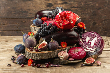 Blue, red and purple food. Culinary background of fruits and vegetables © FuzullHanum