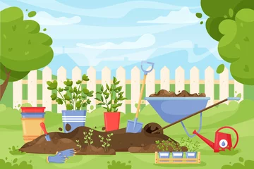 Fotobehang Garden landscape. Cartoon concept with spring and summer garden scene with tools and instruments for agriculture and soil work. Vector illustration © Natalia