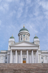 Fototapeta na wymiar Low angle view of Helsinki Cathedral (Finnish - Helsingin tuomiokirkko, Suurkirkko). The Finnish Evangelical Lutheran cathedral of the Diocese of Helsinki on a sunny summer day. 