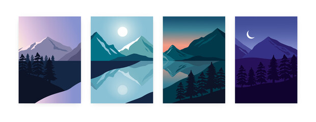Day time landscape posters. Minimalistic dawn afternoon sunset and night placards with single mountain landscape. Vector set