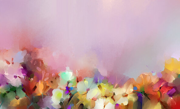 Modern abstract art, oil painting texture with blue, pink, yellow, red color brush stroke. Spring, summer flower nature for wallpaper. Illustration artwork floral design for decoration background