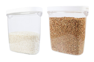 Rice and buckwheat on an isolated white background. Rice and buckwheat in a plastic container.